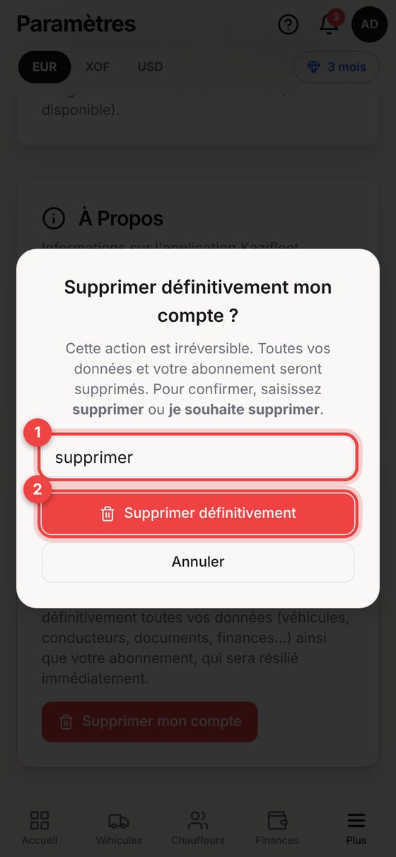 Supprimer mon compte — téléphone