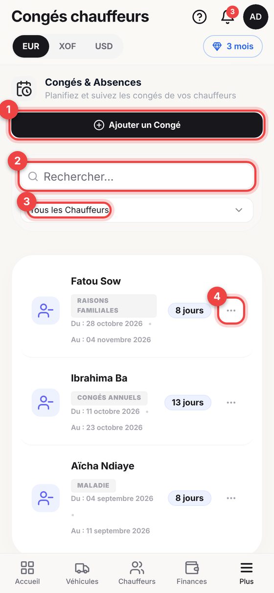 Congés des chauffeurs — téléphone